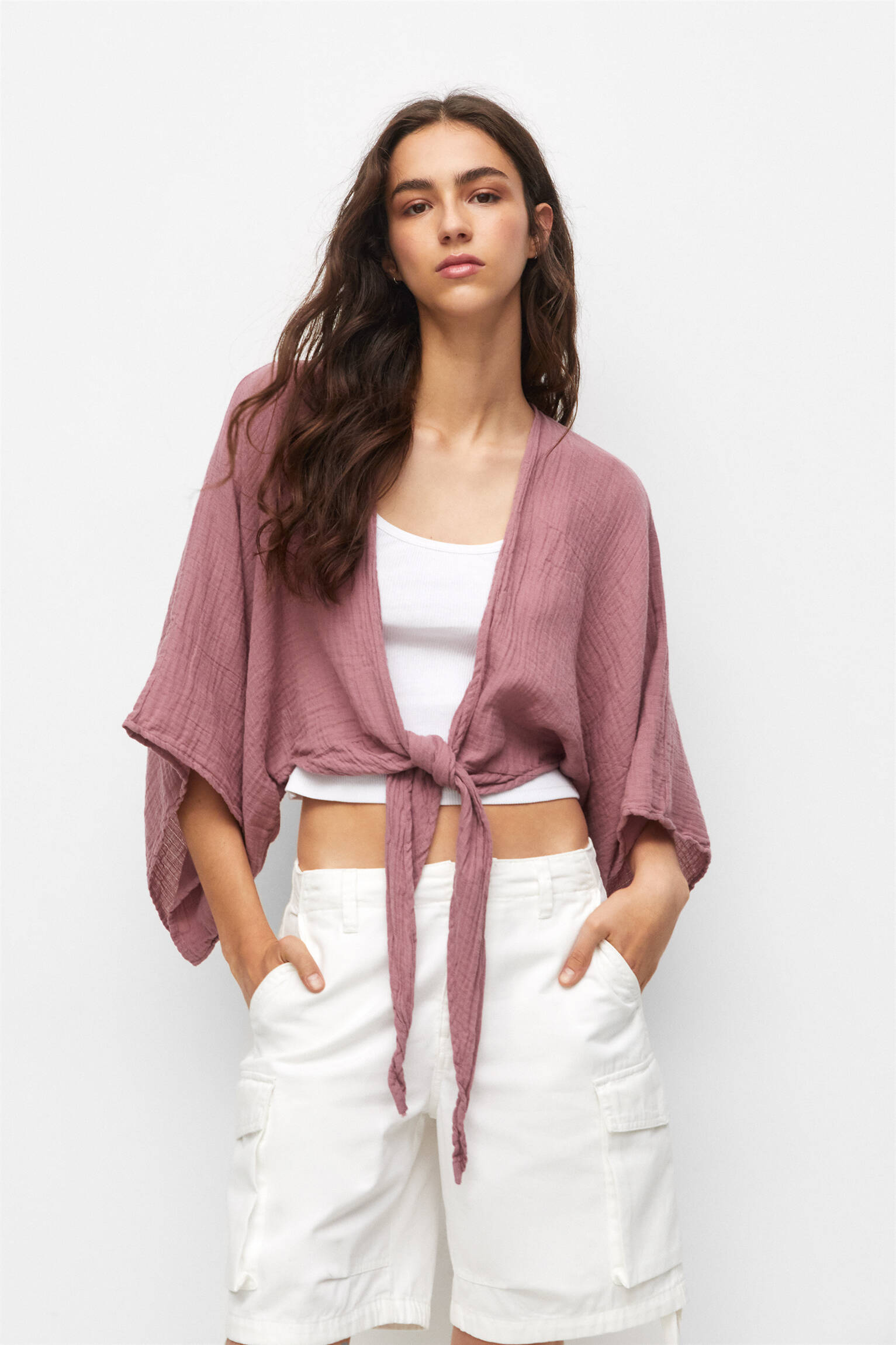 Kimono cropped com nó - rosa