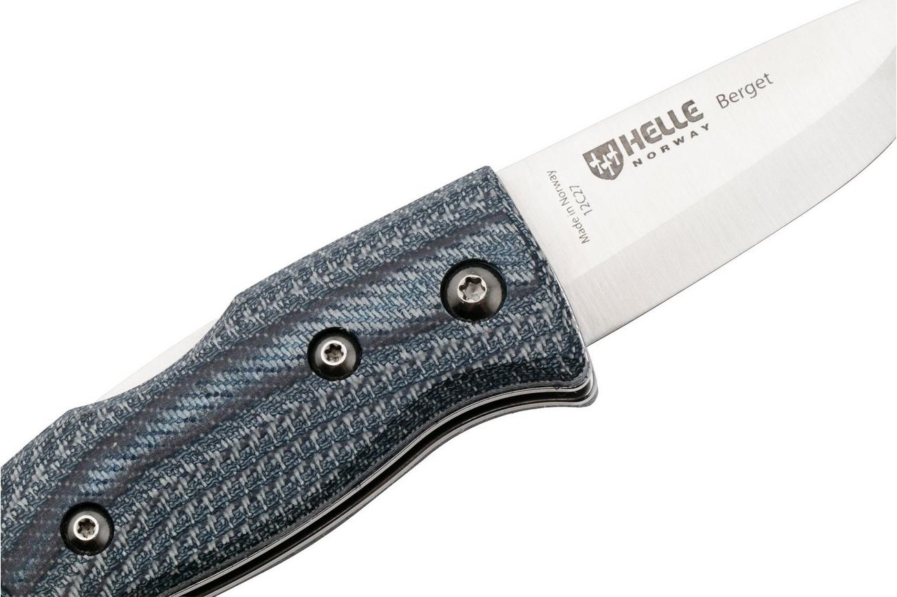 Helle 761 Berget, 2002763, Satin Sandvik 12C27, Denim Micarta bushcraft zakmes