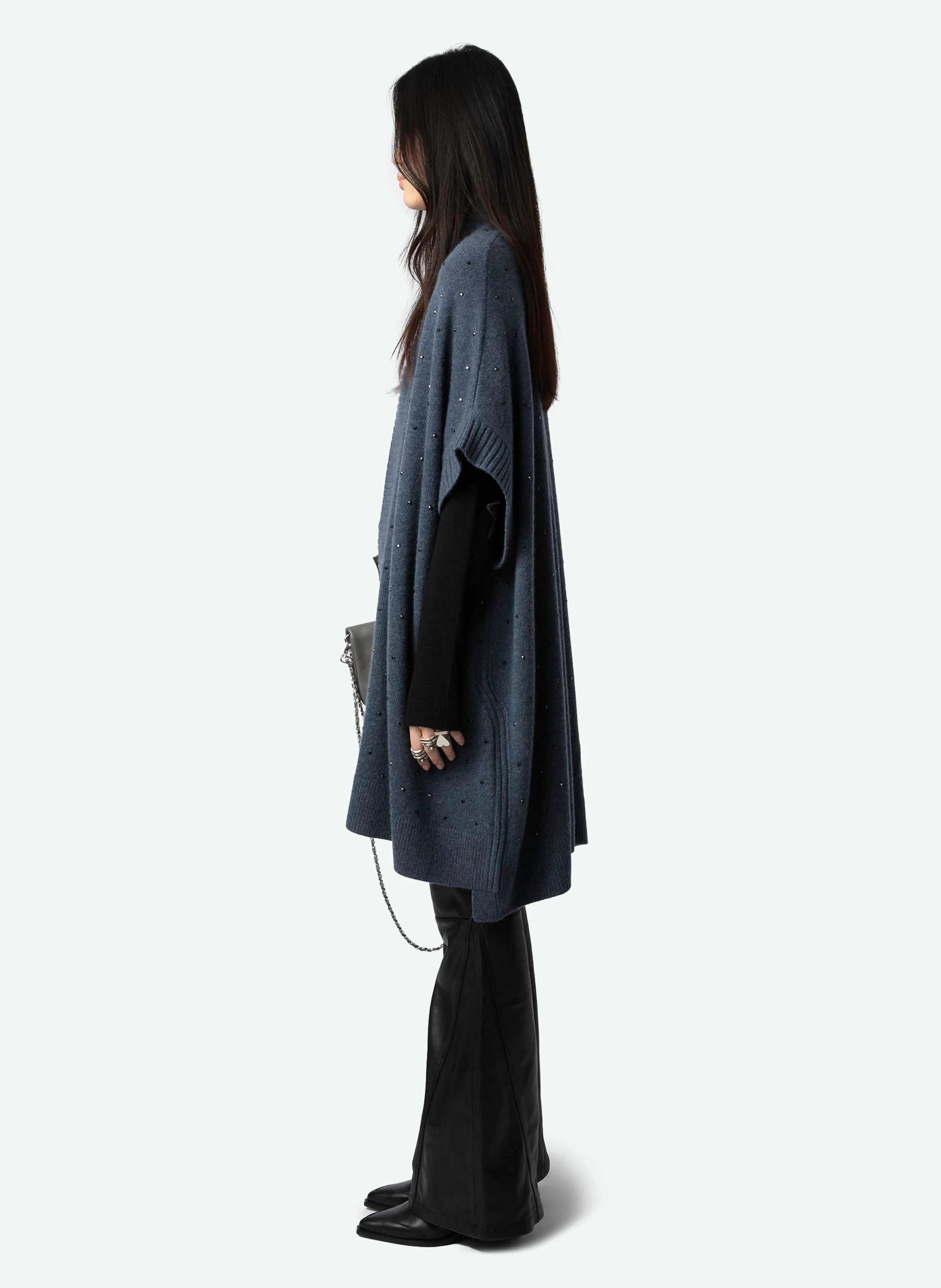 INDIANY - Gilet mi-long à strass en cachemire| Bleu