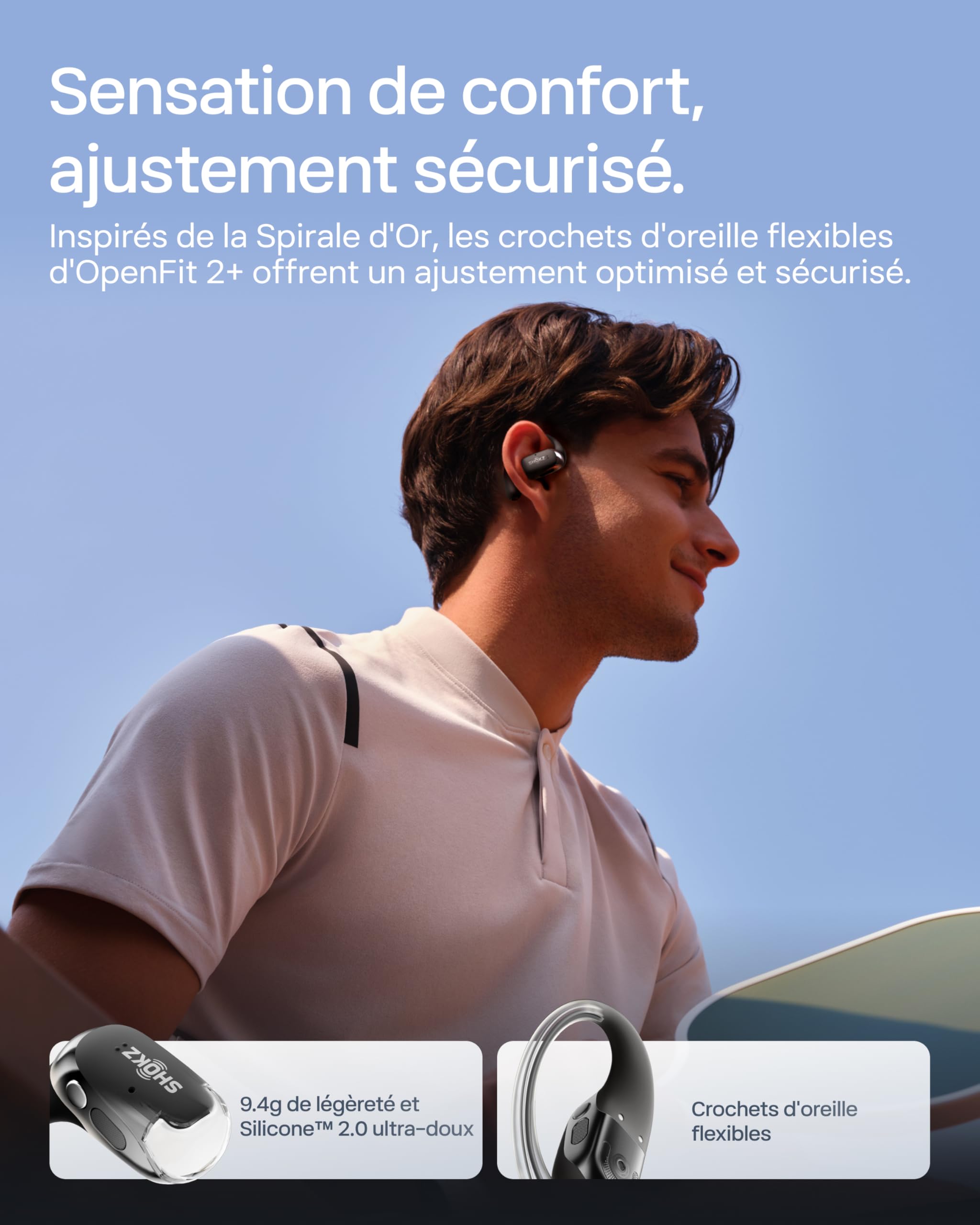 SHOKZ OpenFit 2+ Nouveaux Casques à Oreilles Libres, Dolby Audio, Crochets d’Oreille Souples, 48 Heures d’autonomie, résistance à l’Eau IP55, Recharge sans Fil, avec Sac de Transport, Noir
