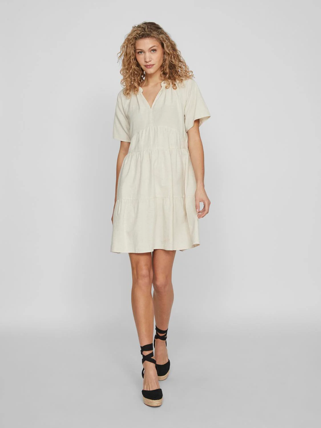 Vila  Viprisilla V-Neck kort kjole - Super Light Natural Melan