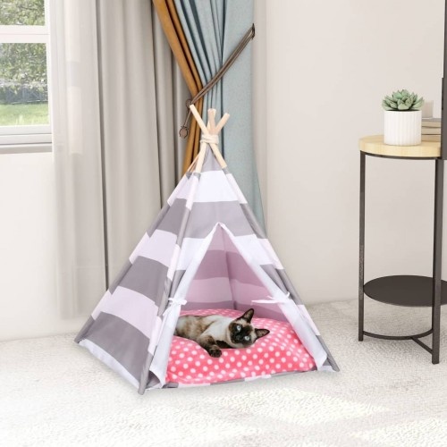 Tenda de descanso listrada para gatos em branco, cinza e rosa.
