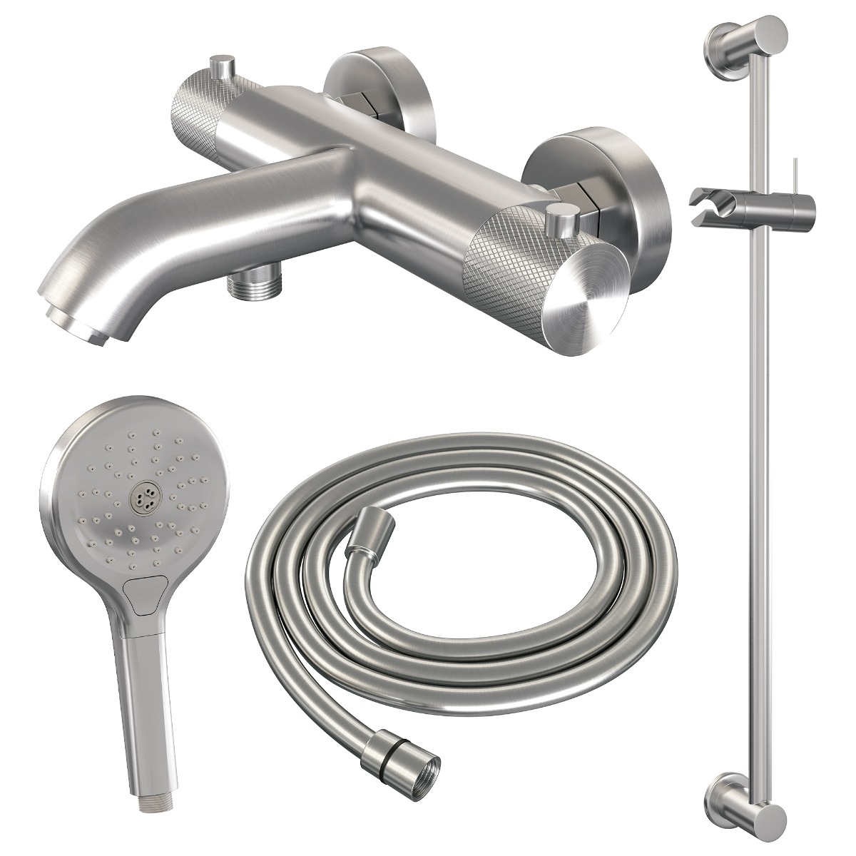 Brauer Brushed Carving thermostatische badkraan met glijstang en 3 standen handdouche RVS geborsteld PVD