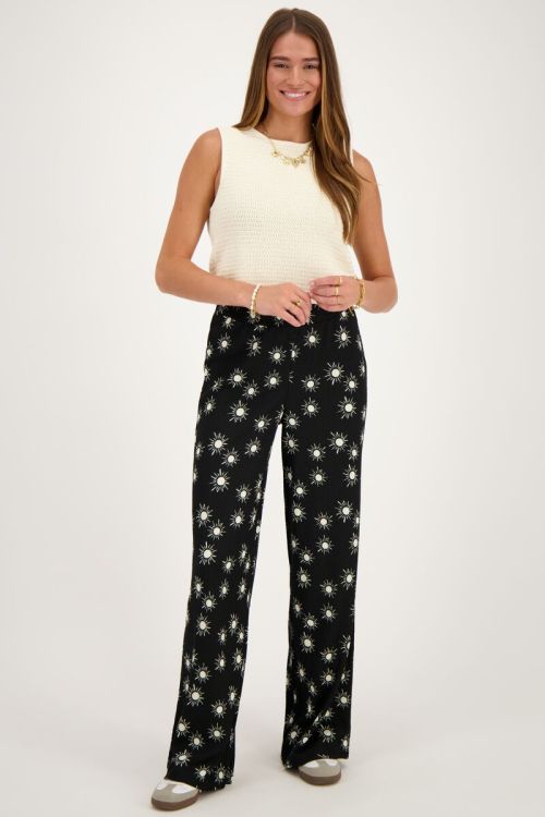 Zwarte crinkle broek met zonnetjes print