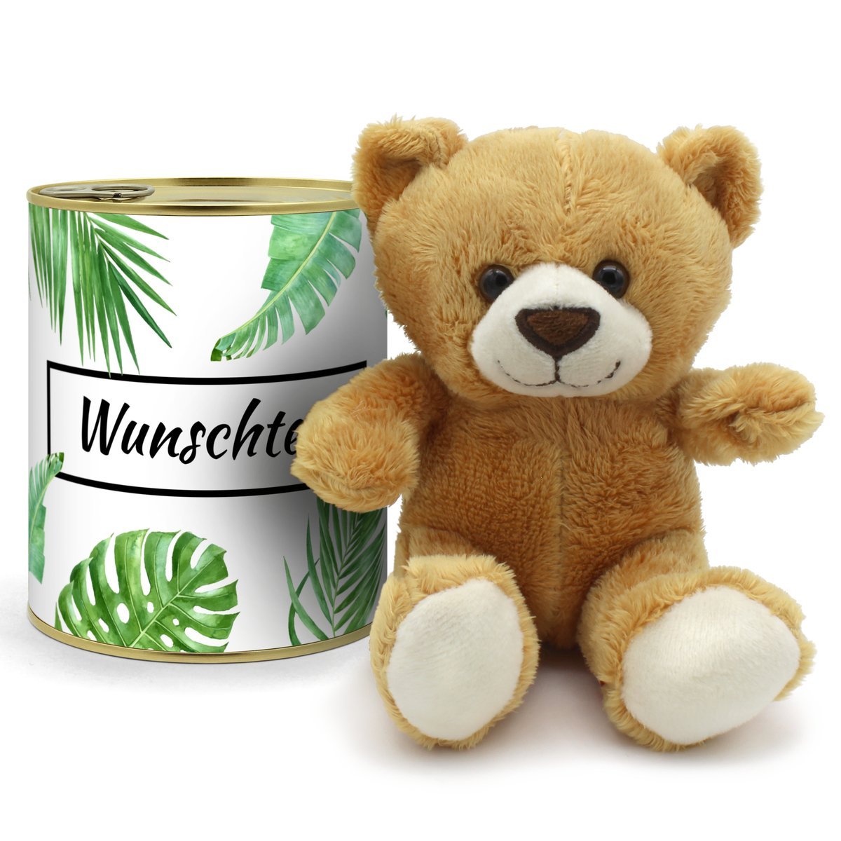 Personalisierte Geschenkdose - Teddybär (Motiv: Palmenblätter)