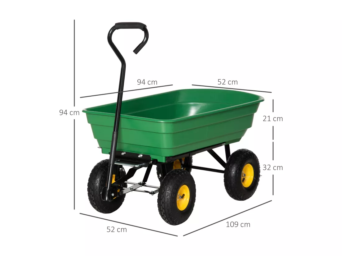 Chariot de jardin à main benne basculante 75° 75L charge max. 200 Kg 4 roues pneumatiques acier PP jaune vert