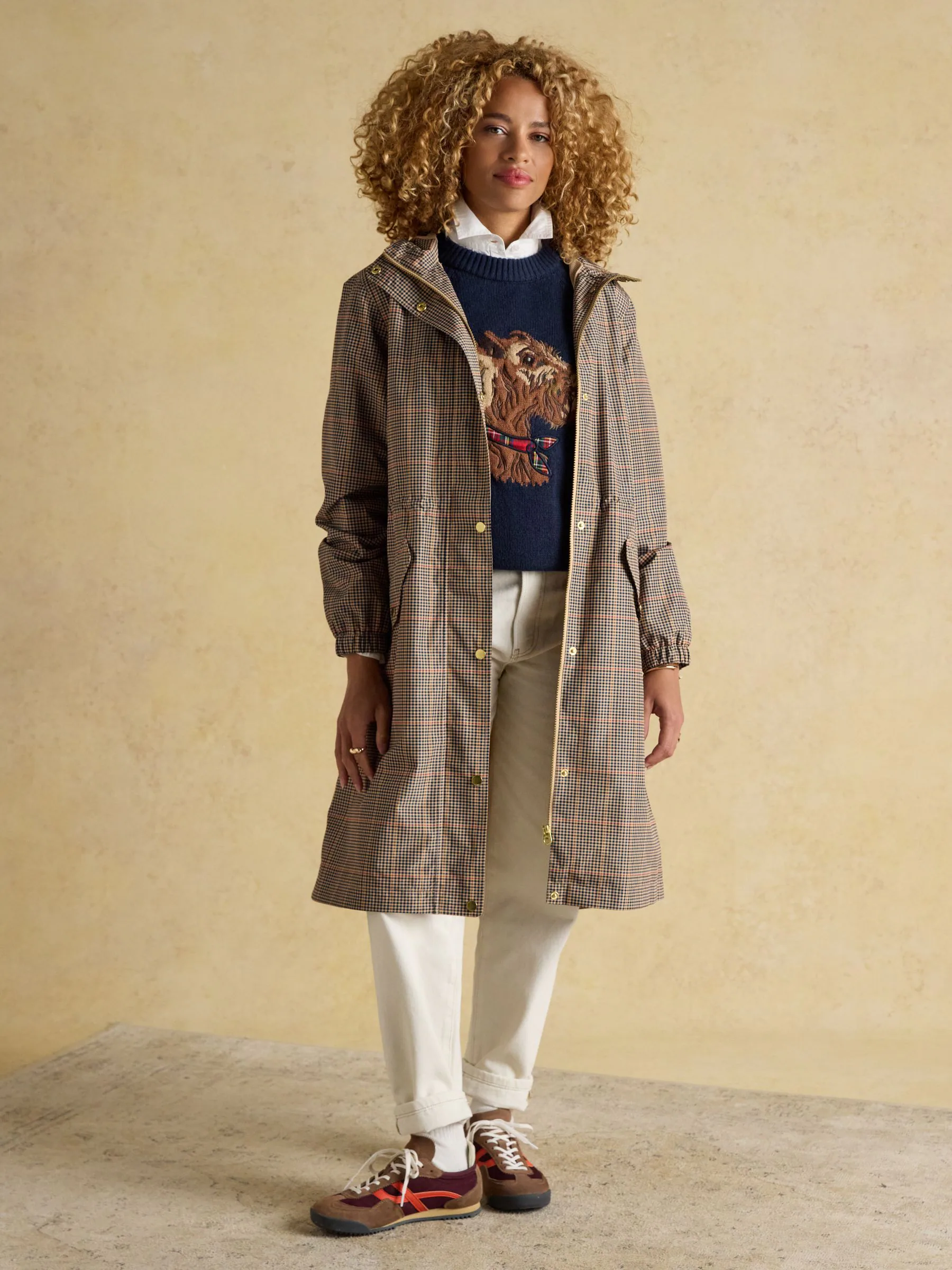 Bruin geruit - Joules Holkham waterdichte opvouwbare regenjas met capuchon