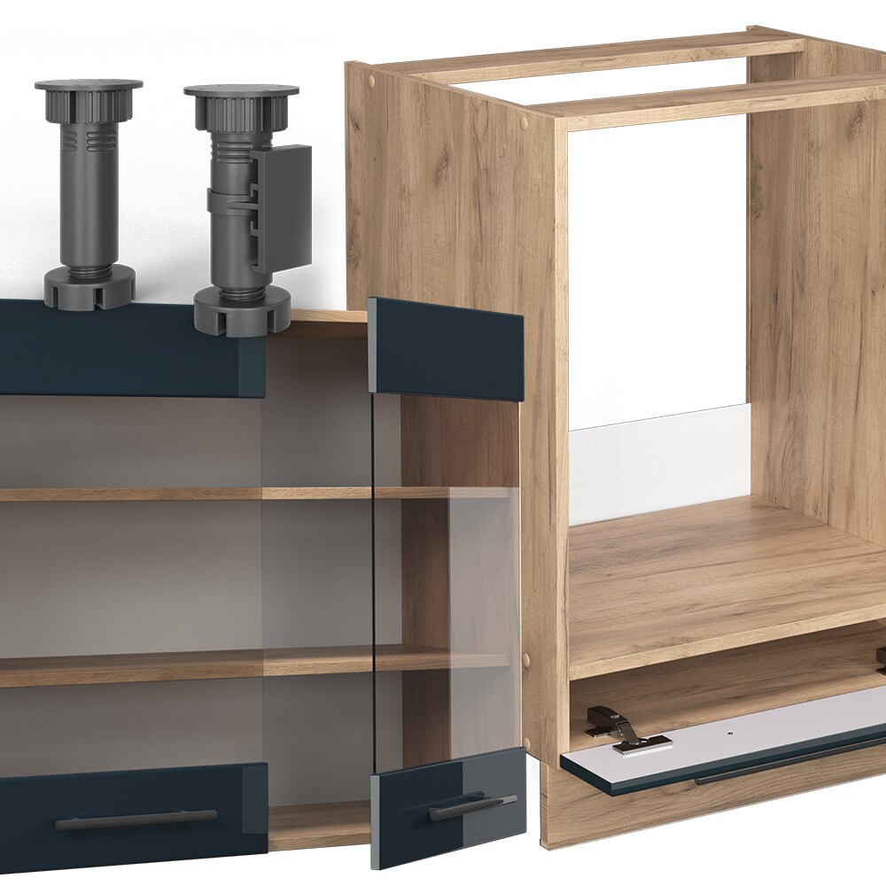 Vicco Eckküche Fame-Line Eiche Dunkelblau Hochglanz 287x227 cm ohne Arbeitsplatte