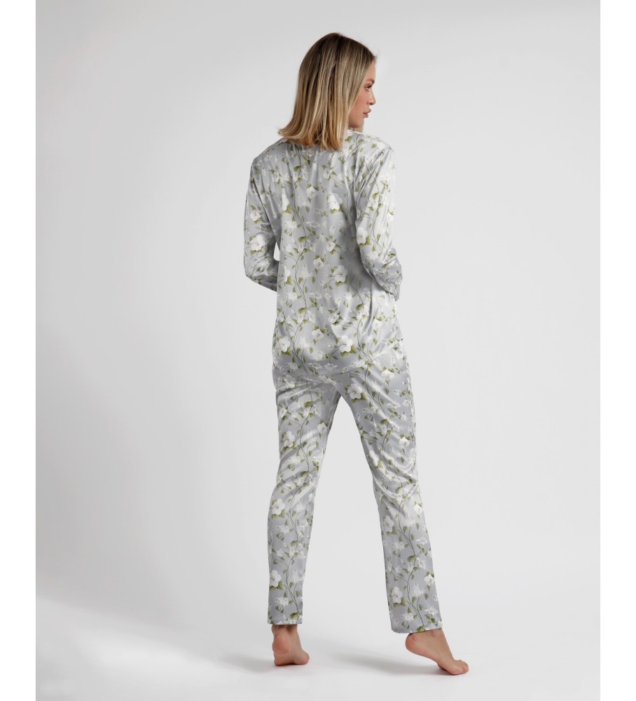 Pijama Admas de manga comprida aberto, estilo pérolas, cinza