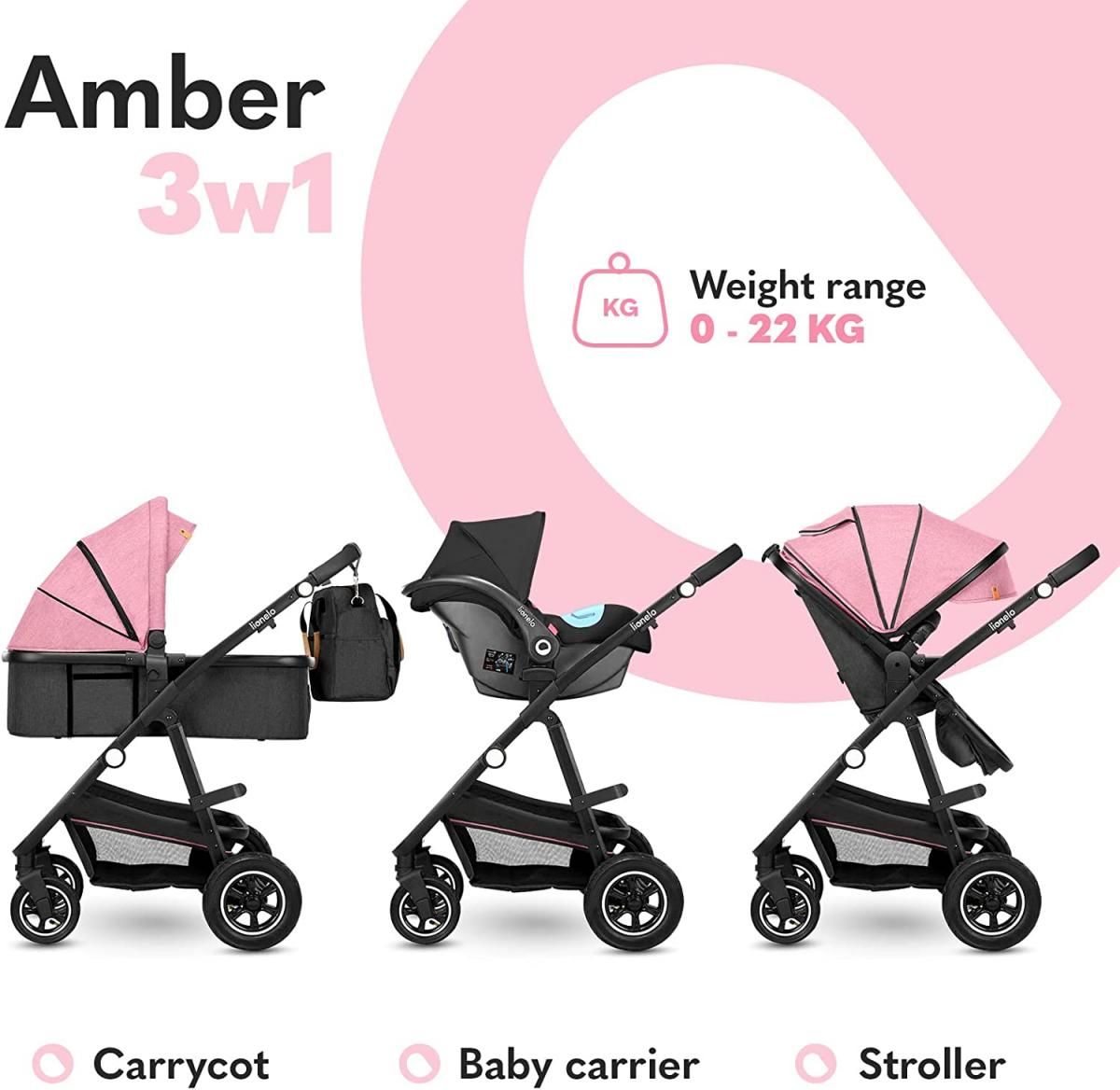 Poussette Multifonction Amber 3en1 Rose