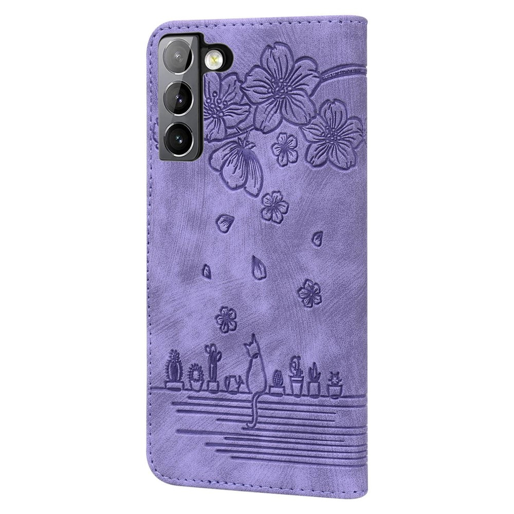 Samsung Galaxy S22 5G Leder Tasche Flip Cover Katze & Blumen Imprint - Lila