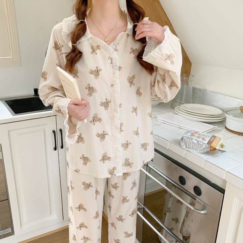 Sadelle - Koppel bijpassende pyjamaset met lange mouwen en berenprint
