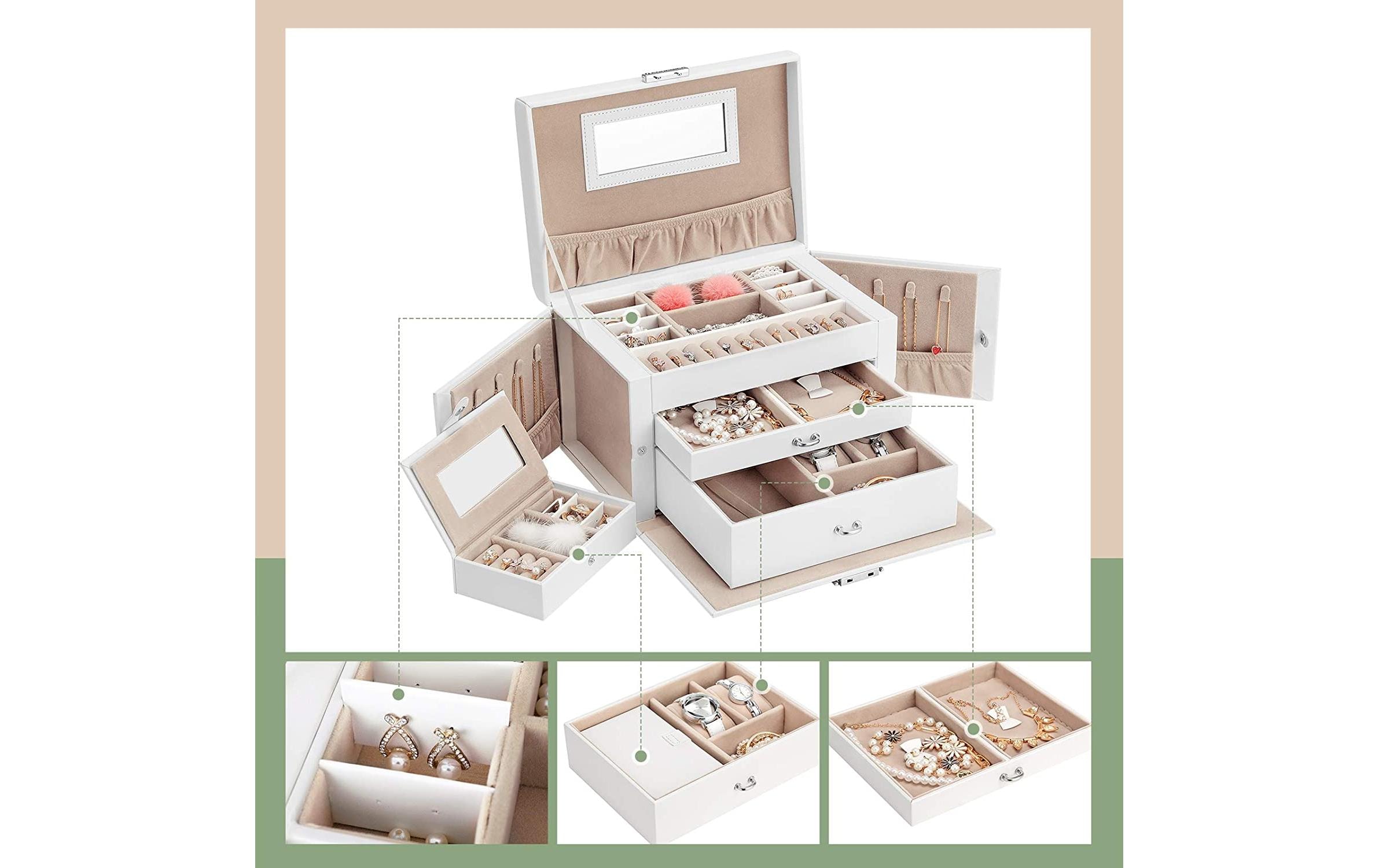 Schmuckschatulle mit 3 Ebenen, Weiss, KunstlederSchmuckbox abschliessbar