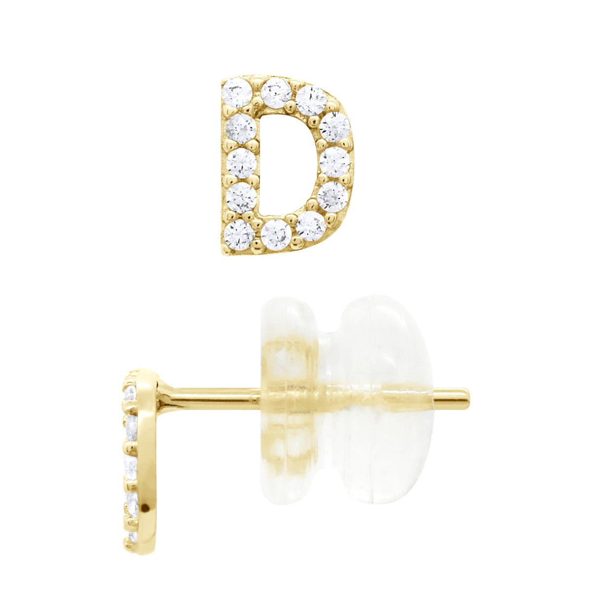 Boucles d'Oreilles Puces - Initiale Lettre D Serties d'Oxydes de Zirconiums - Or Jaune