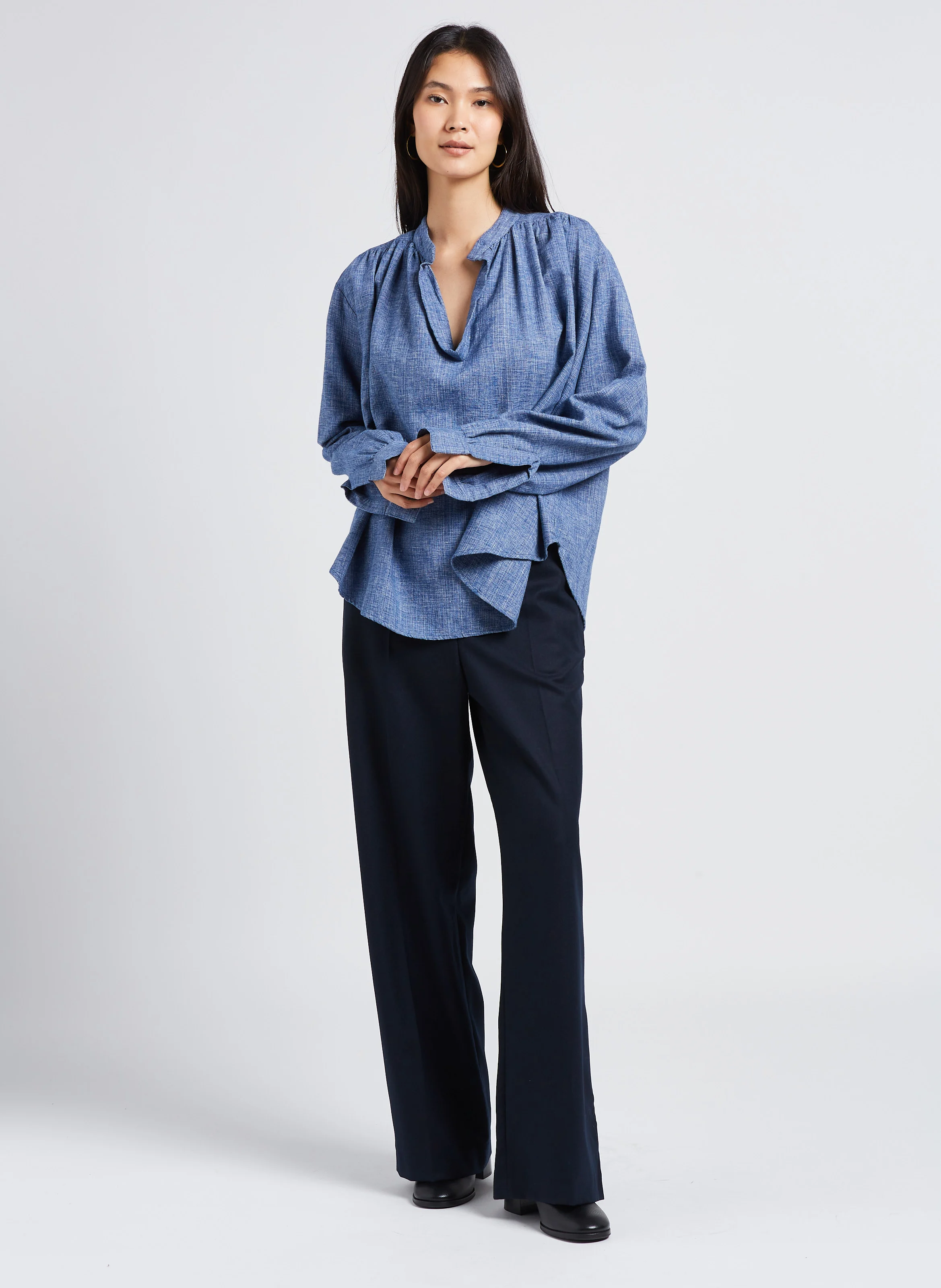 CLOCHE - Pantalon taille haute large en laine | Bleu