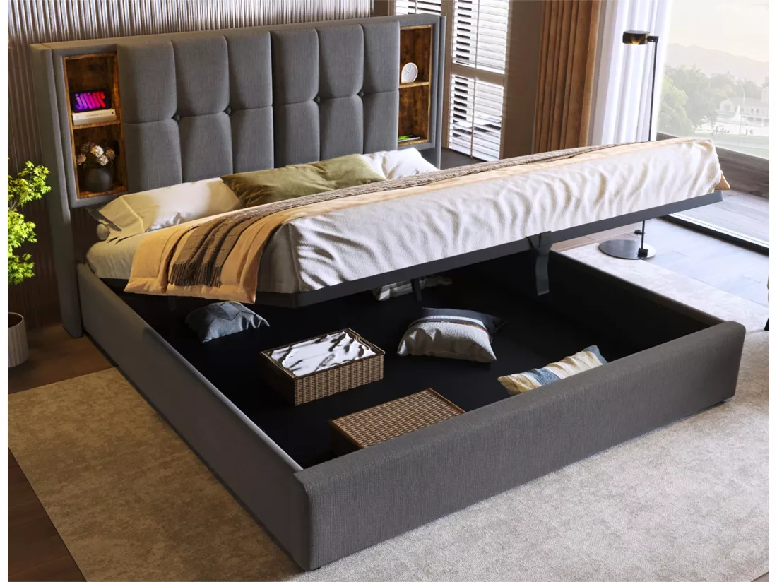 Lit coffre rembourré 180x200 cm - avec chargement sans fil et tête de rangement - tissu en coton - Gris