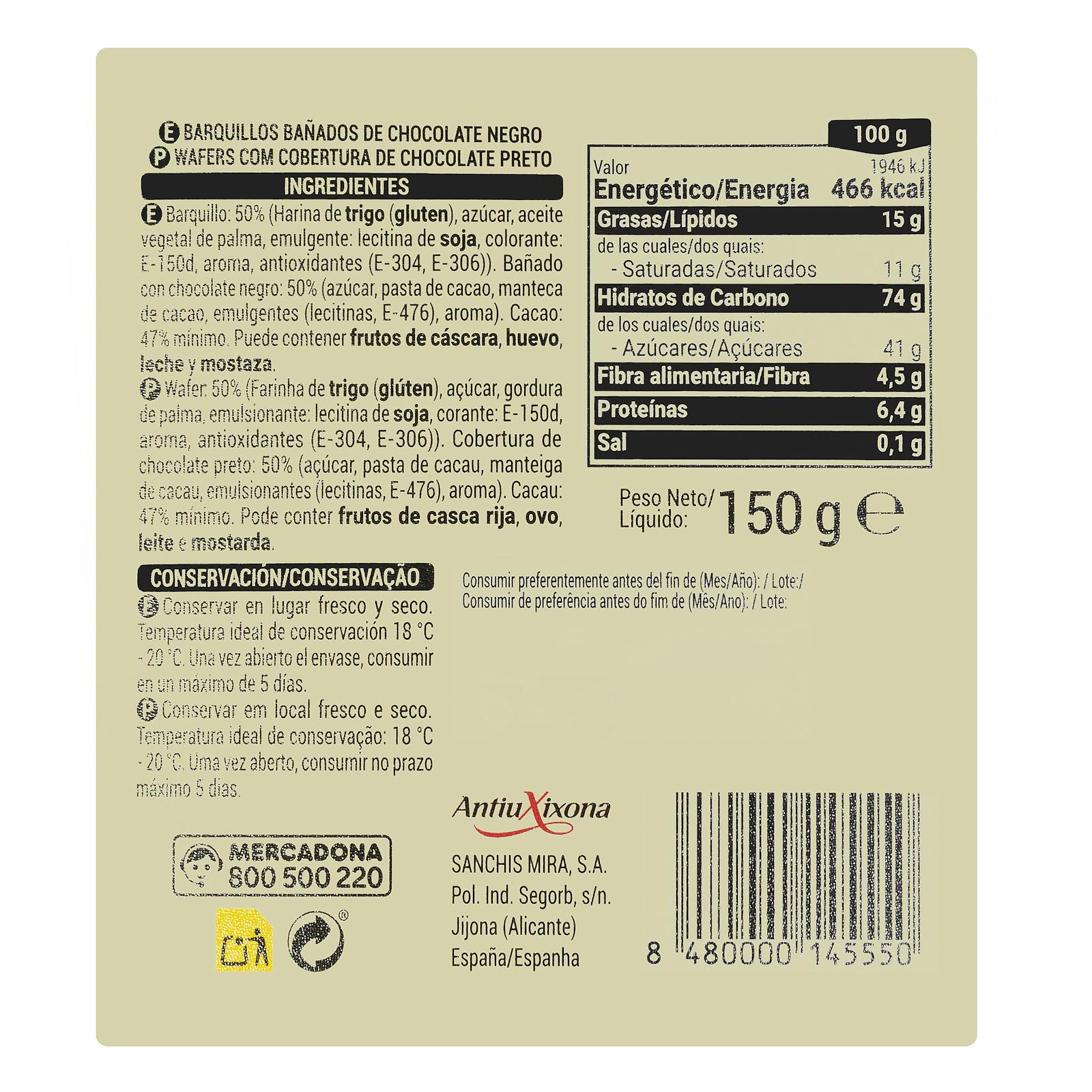 Tubes enrobés de chocolat noir Hacendado