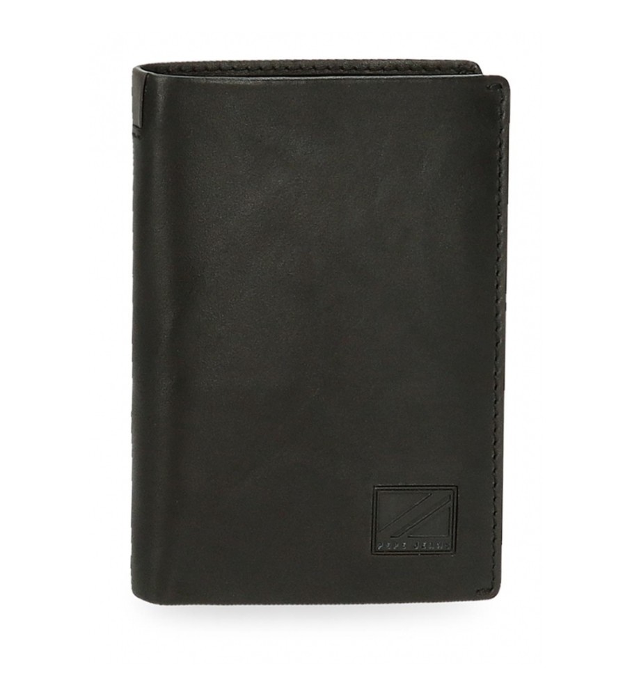 Carteira vertical Pepe Jeans Marshal em couro com porta-moedas, preta.