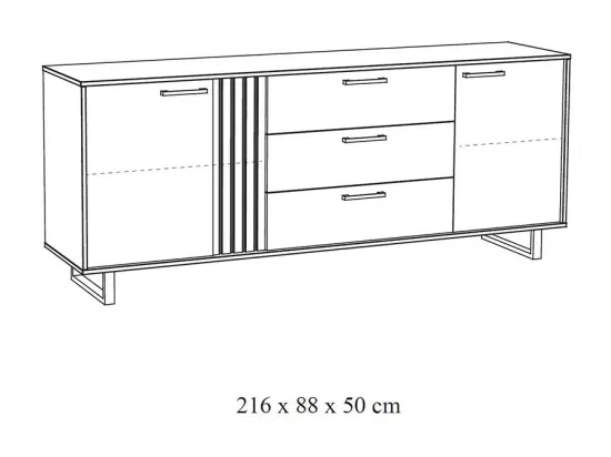 Buffet design 220cm avec 2 portes et 3 tiroirs pour salon couleur noir et chêne collection LOFT pieds en métal