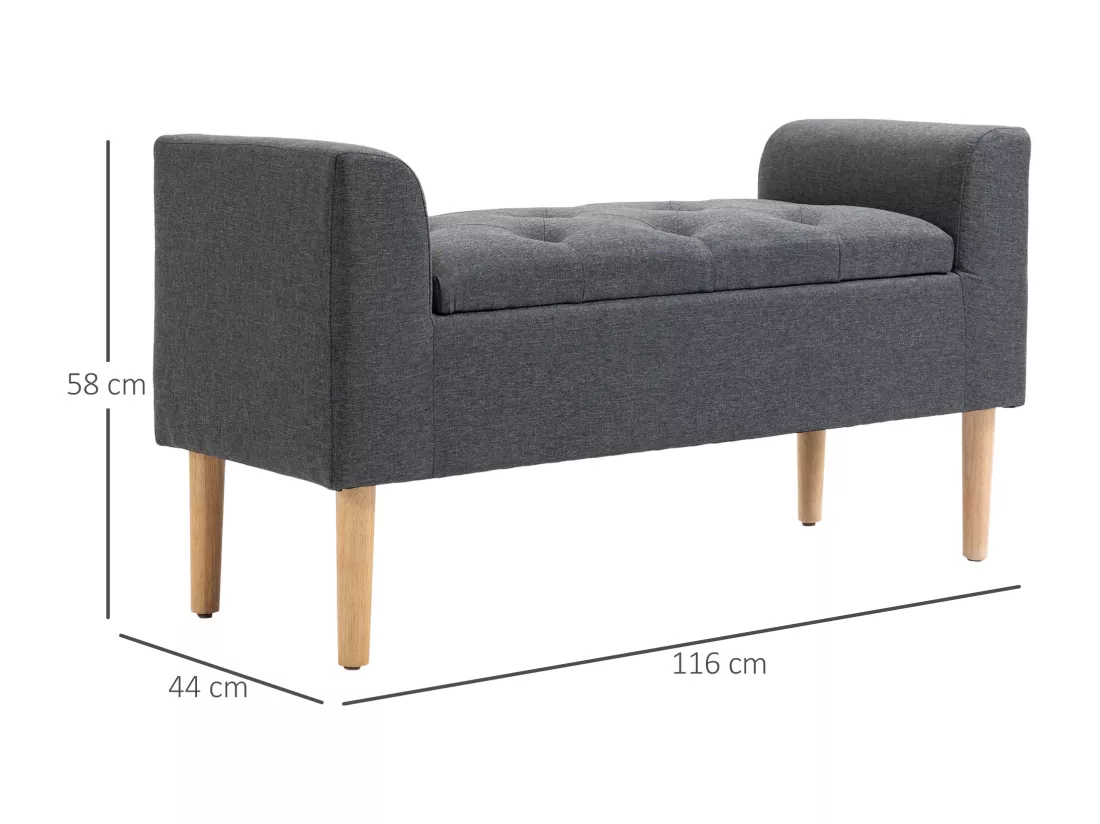Banquette coffre de rangement 2 en 1 design Chesterfield assise capitonnée accoudoirs courbés pieds effilés bois d'hévéa aspect lin gris