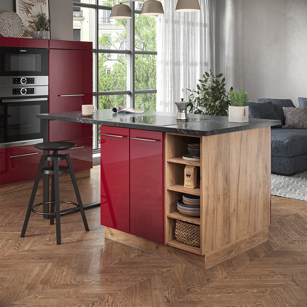 Vicco Kücheninsel Küchenblock Einbauküche Fame-Line Eiche Bordeaux Rot 90 cm modern Hochglanz Küchen Schränke Regalunterschrank Küchenunterschrank Regalinselunterschrank Softclose-Scharnier Küchenmöbel
