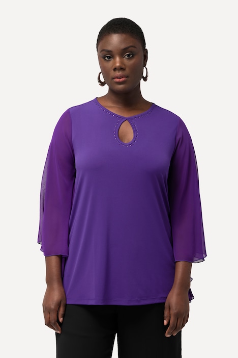 T-Shirt, Ziersteine, Rundhals, Chiffon-Flügelärmel