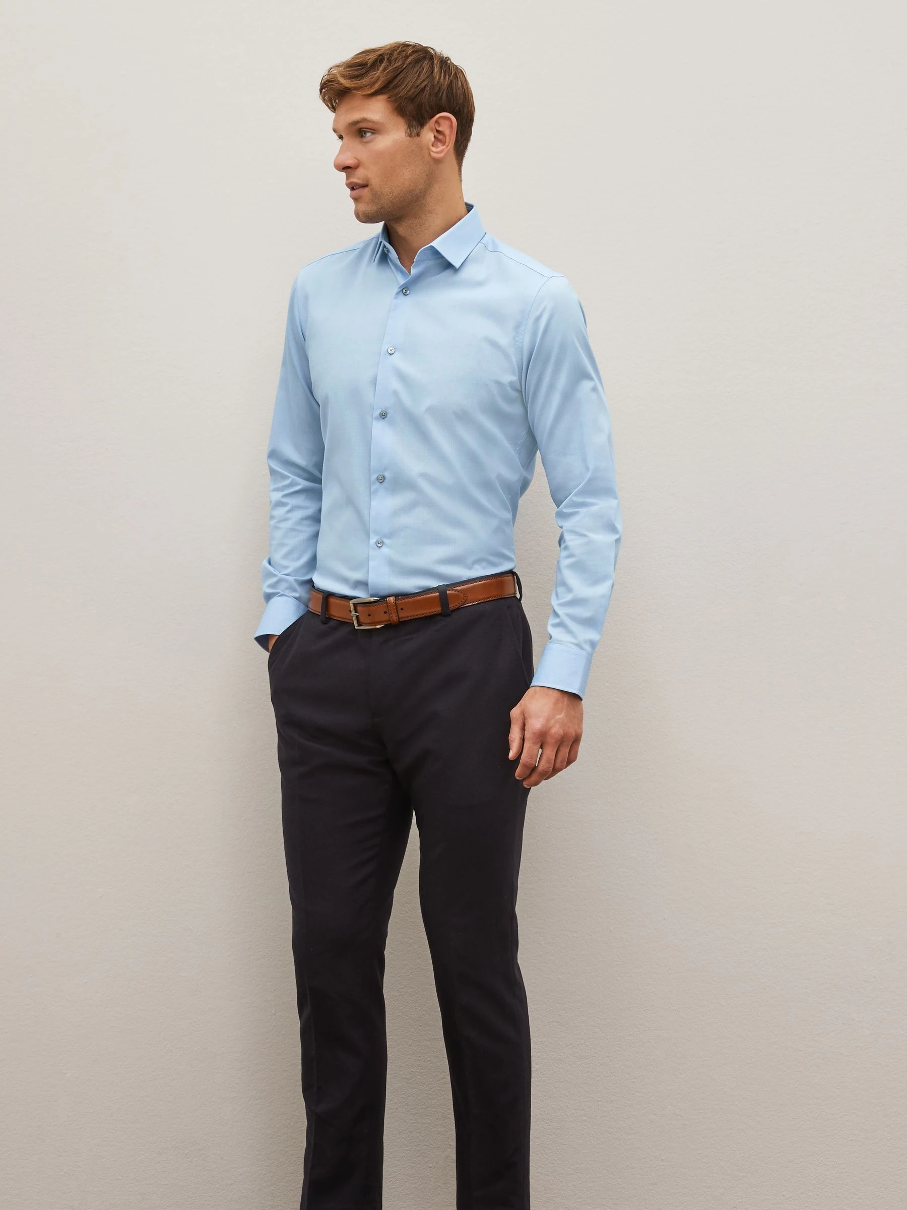 Blauw - Slim Fit - Onderhoudsvriendelijk, getextureerd, slim fit overhemd met enkele manchet