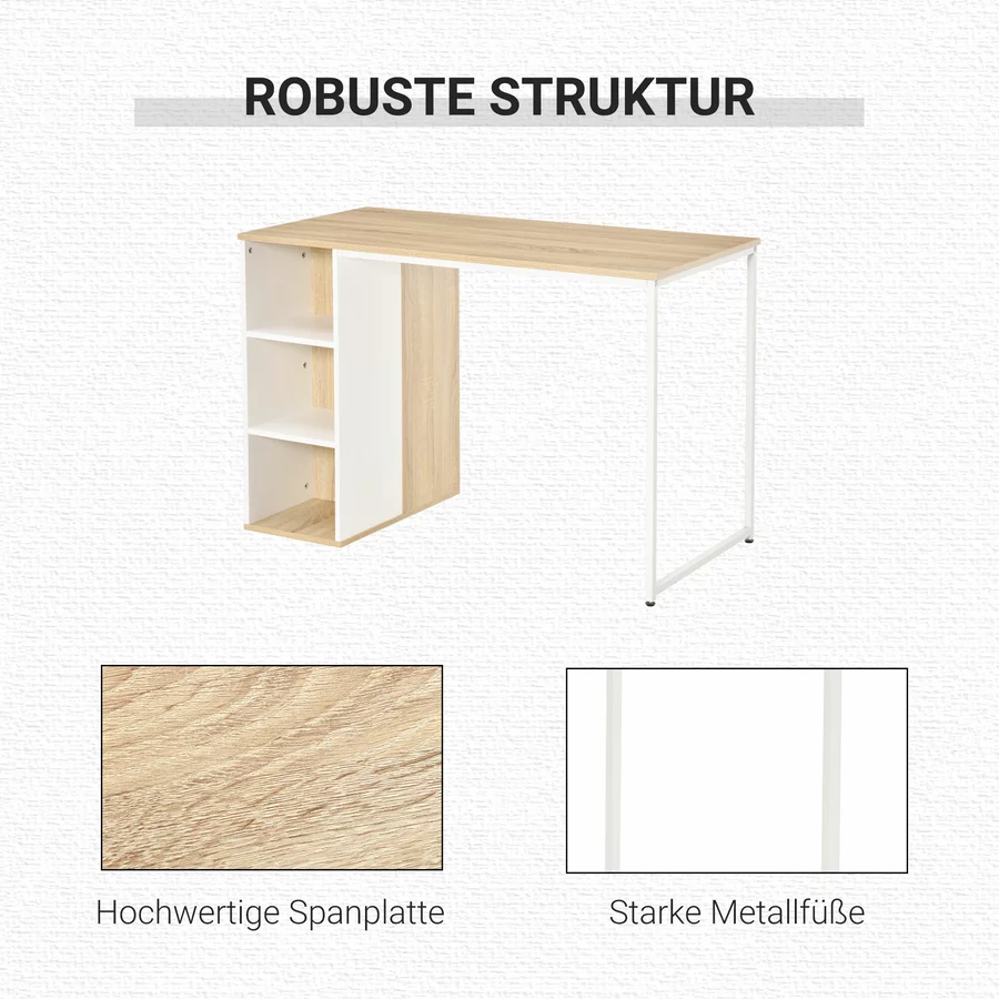 HOMCOM Schreibtisch Tisch mit Bücherregal eiche, weiß
