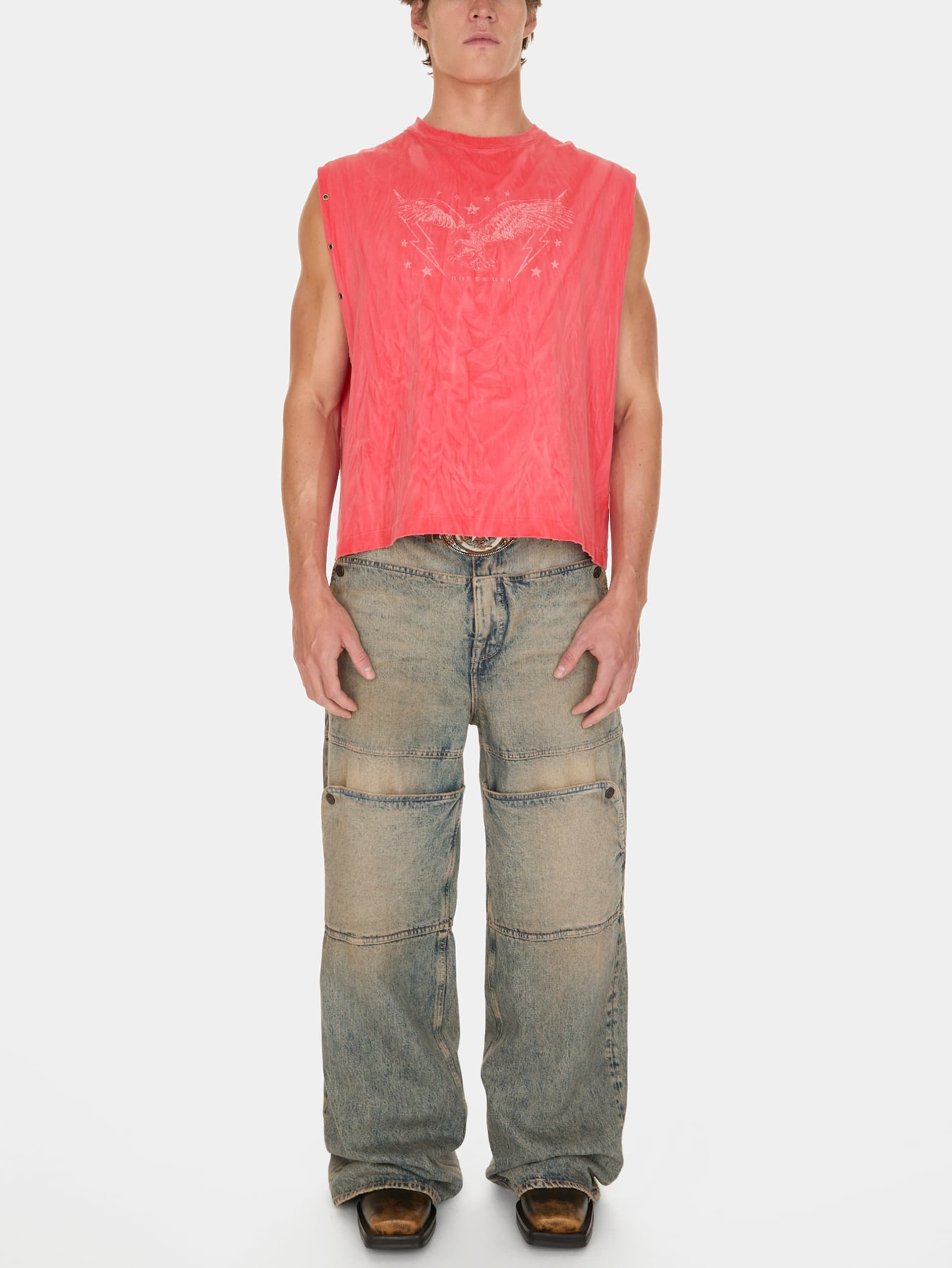 calça utilitária de denim lavado