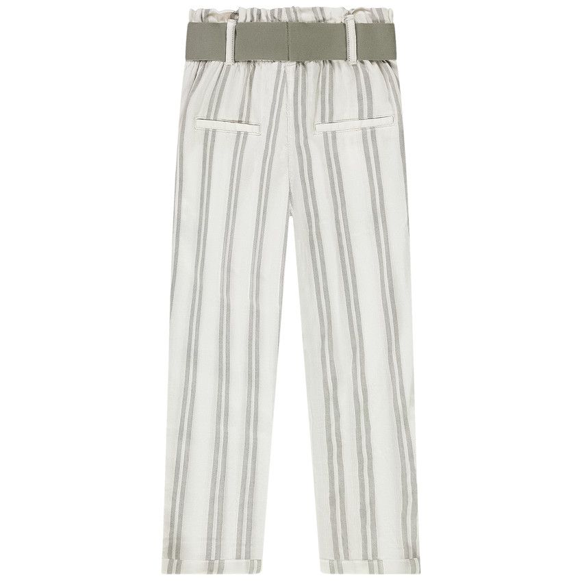 Pantalon fluide en toile à rayures avec ceinture pour fille - Ecru