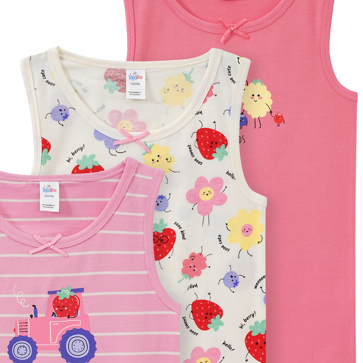 Topolino 3 Mädchen Unterhemden mit Bauernhof-Motiven rosa / creme / pink