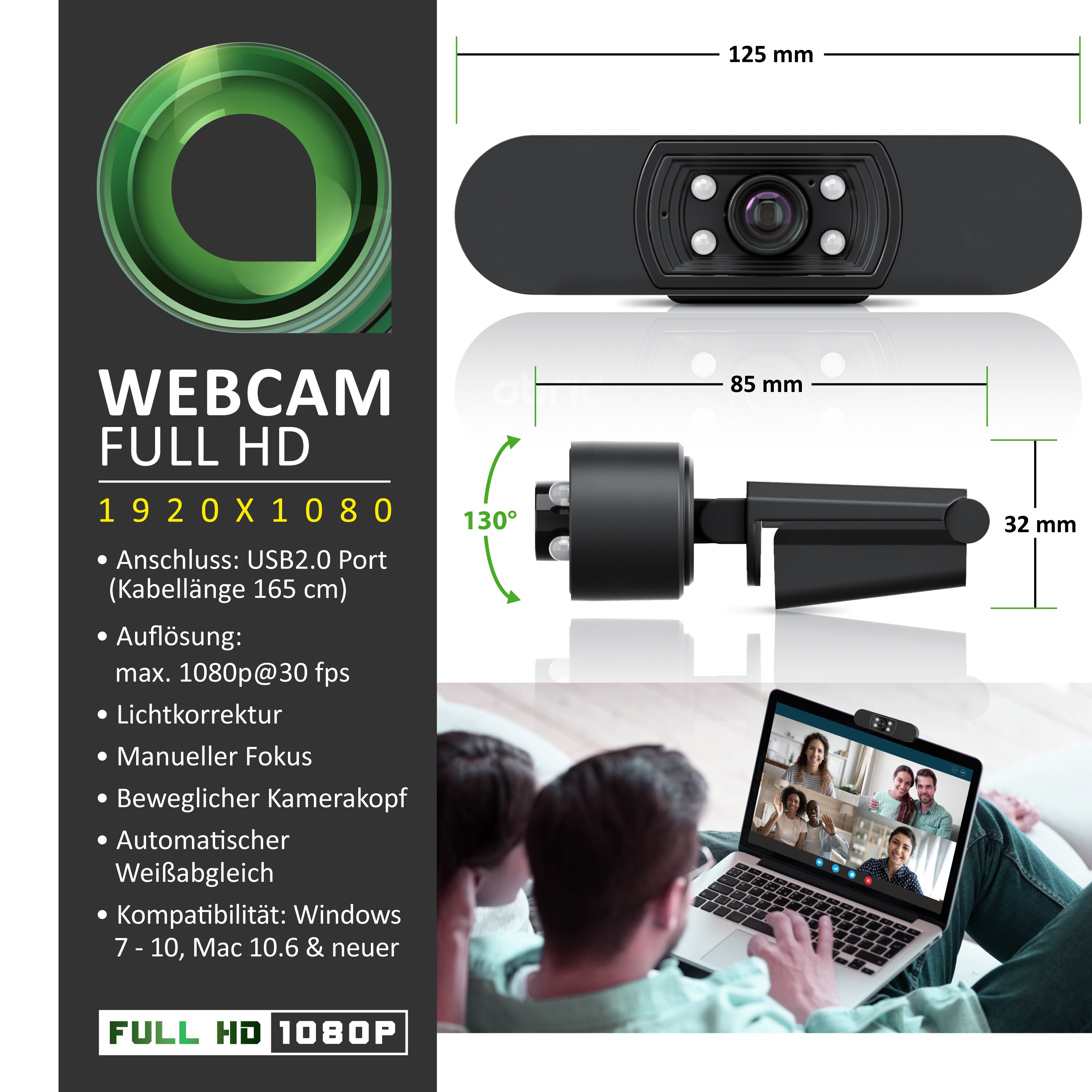 Aplic Webcam - 1920x1080P @ 30 Hz - 4 Hilfslichter / Szenelicht- 5P Linse - Mikrofon - automatischer Weißabgleich - Low-Light-Korrektur