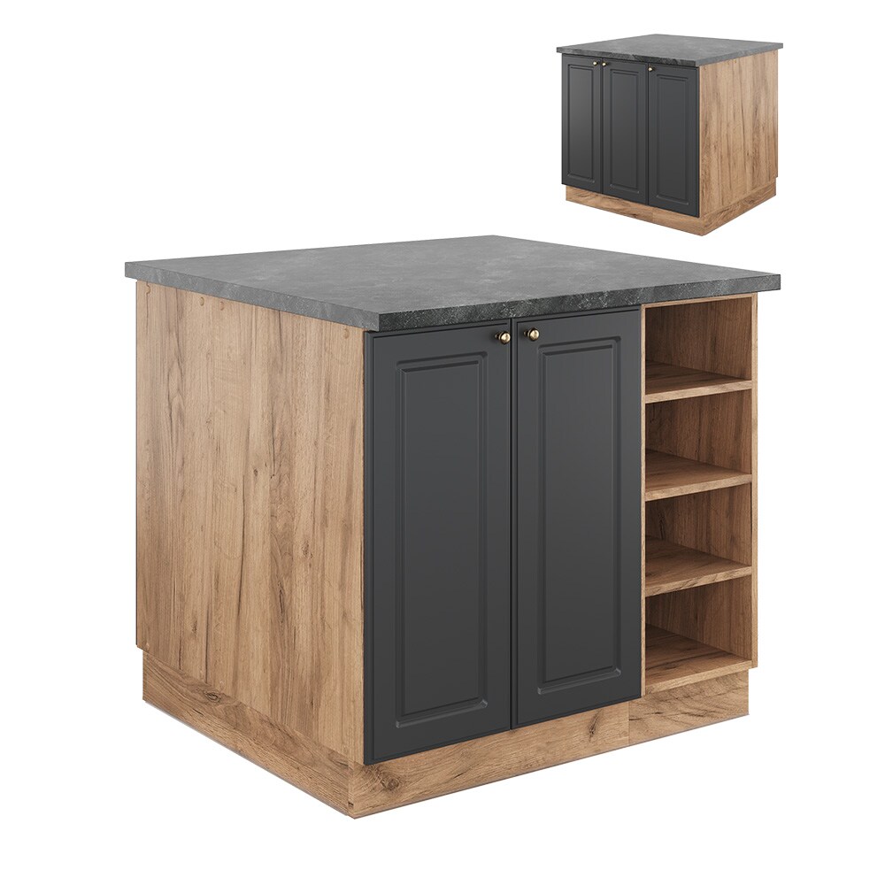 Vicco Kücheninsel Küchenblock Einbauküche Fame-Line Landhaus Eiche Anthrazit 90 cm Gold Küchen Schränke Regalunterschrank Küchenunterschrank Regalinselunterschrank Softclose-Scharnier Küchenmöbel
