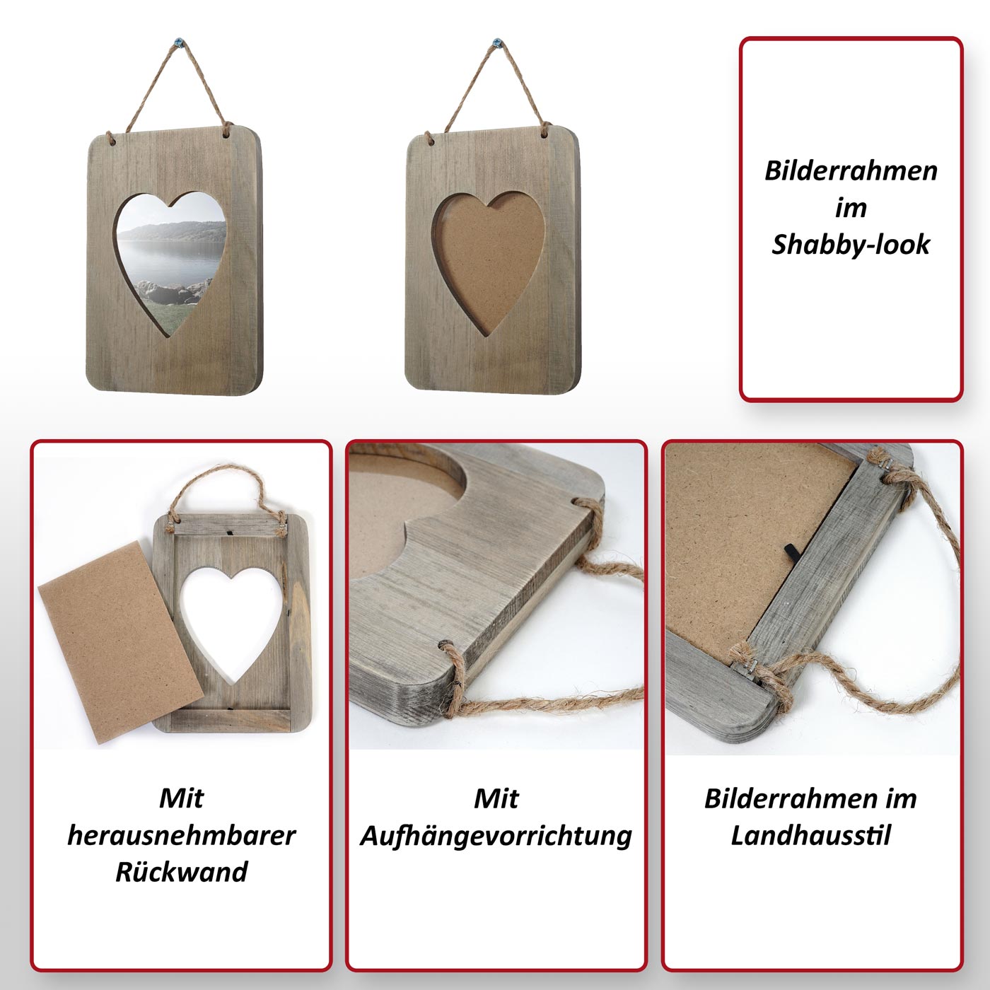 Bilderrahmen Kranj, Fotorahmen Holzrahmen Wand-Rahmen, Shabby-Look Landhaus, Herz