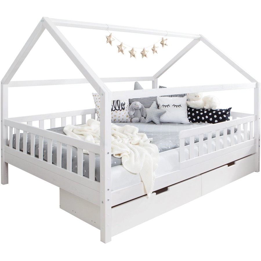 TICAA Kinderbett Hausbett Kay 140x200 inkl. Schubkästen Kiefer weiß Weiß