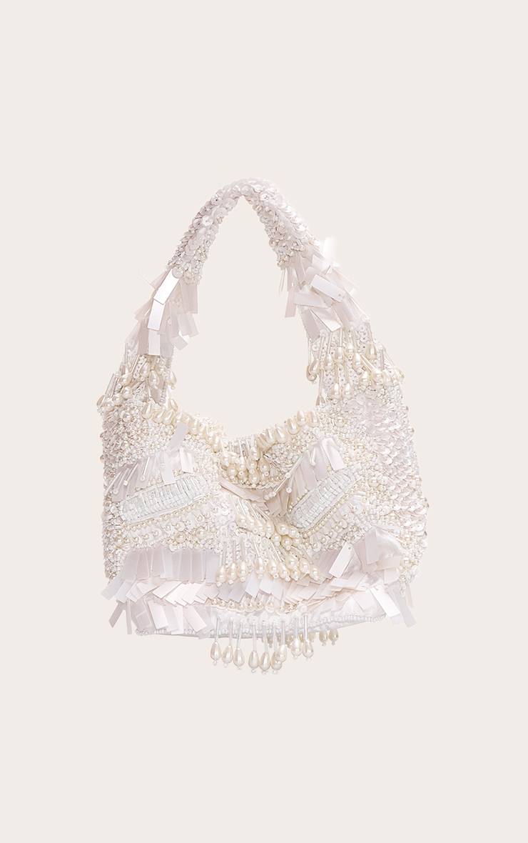 Crème Sac Orné De Perles Et Sequins