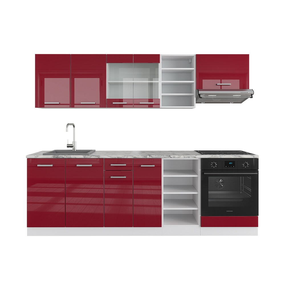 Vicco Küchenzeile Küchenblock Einbauküche R-Line 240 cm Weiß Bordeaux Hochglanz