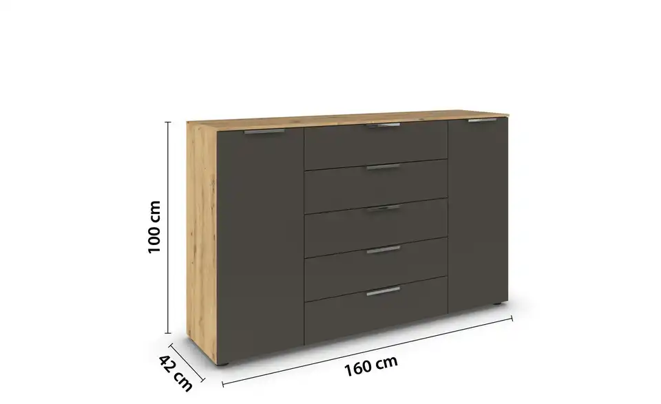 Sideboard Graphit, Eiche Artisan (Nachbildung) Front: Dekor, Oberboden: Dekor 160 cm verchromt