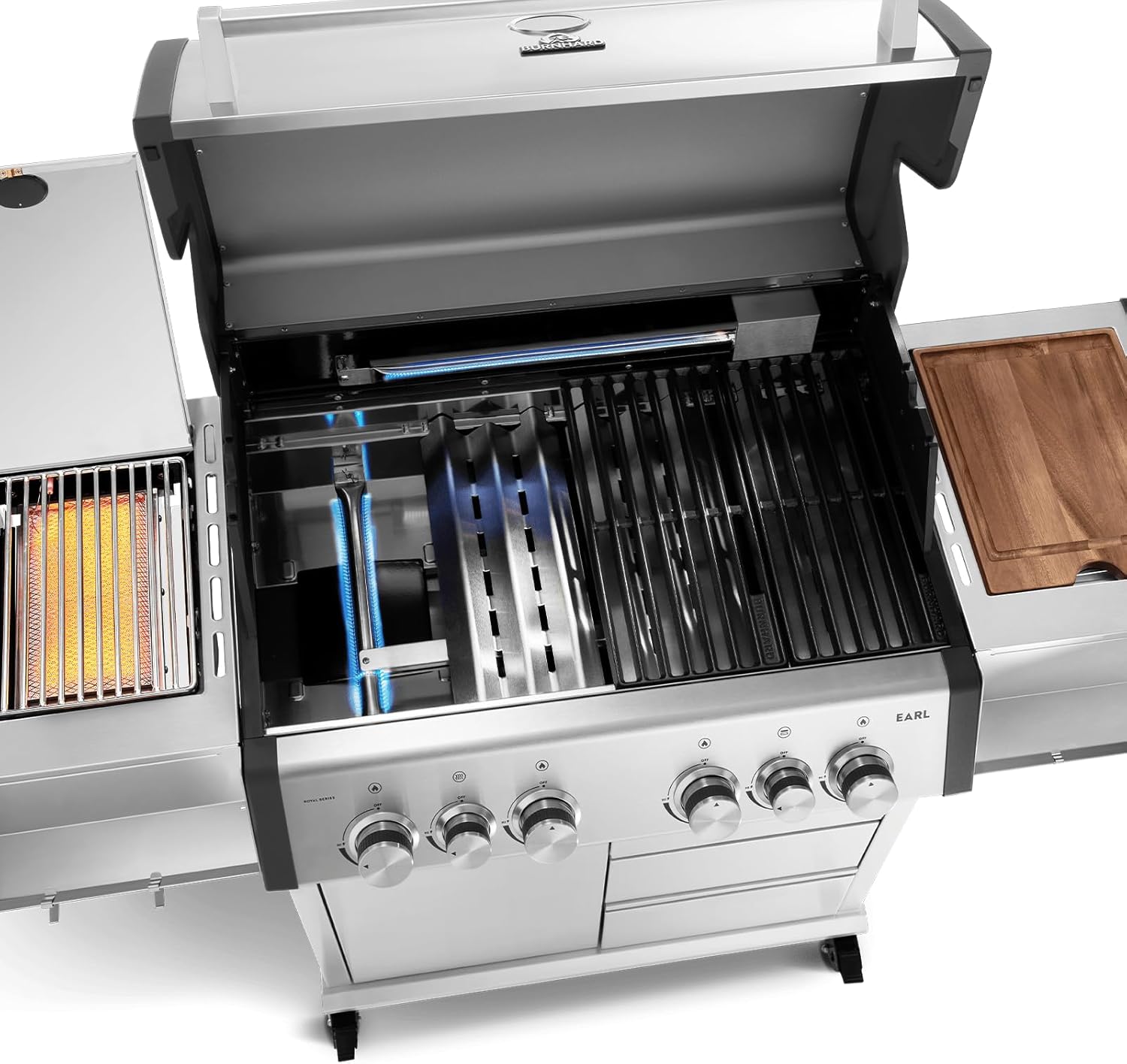 BURNHARD® 4-Brenner Gasgrill Edelstahl inkl. Heckbrenner, mit Edelstahl Grillrost & inkl. Abdeckhaube, Seitenkochfeld mit Infrarot Keramikbrenner - Big EARL