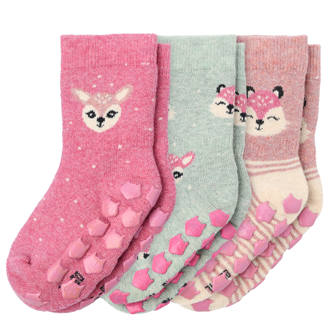 Topomini 3 Paar Baby Stoppersocken mit Tieren fuchsia / mint / rosa