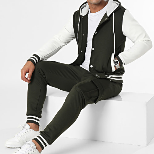Ensemble Veste Boutonnée Et Pantalon Cargo Vert Kaki Blanc