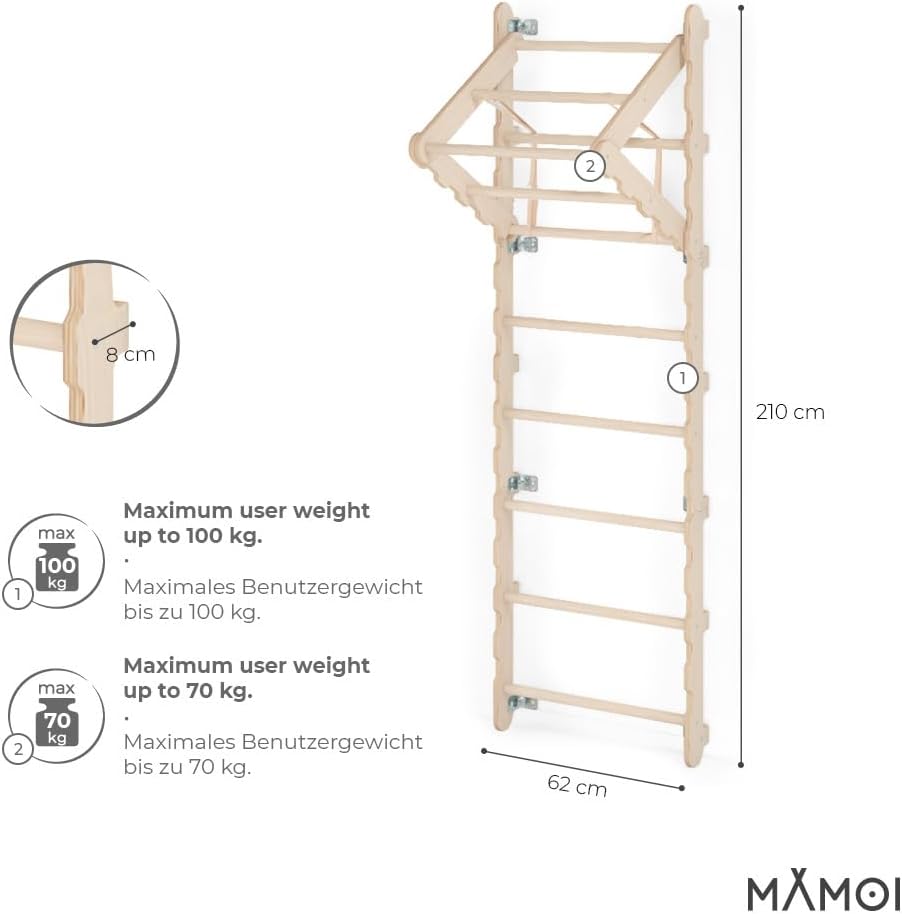 MAMOI® Klettergerüst Indoor, Sprossenwand für Zimmer, Turnringe für Klettern, Kletterwand und spielgeräte, Turngeräte mit Klimmzugstange für drinnen, Sportgeräte