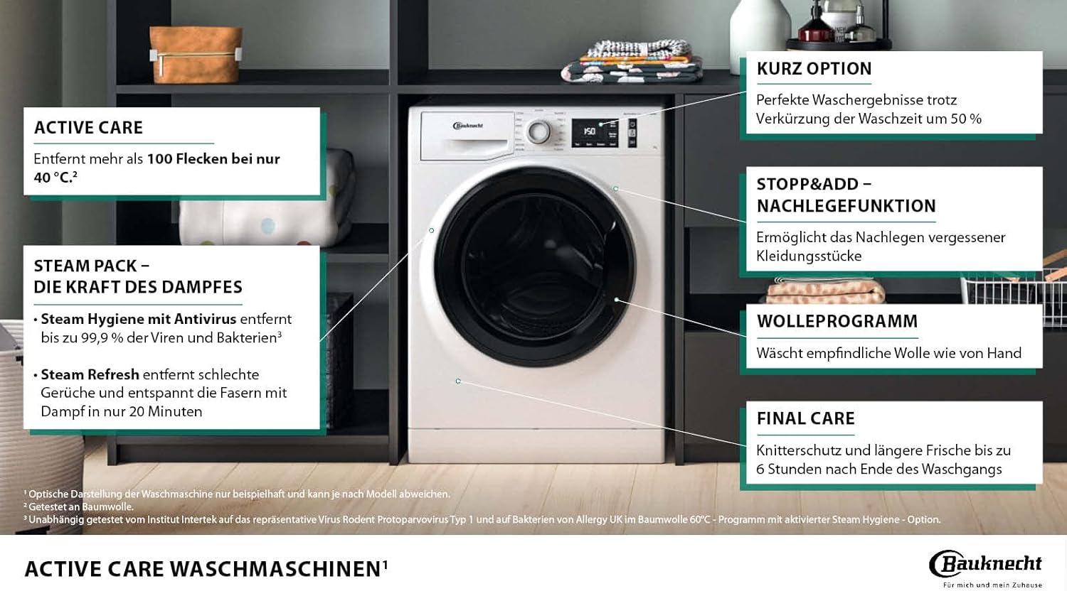 Bauknecht W Active 8A Waschmaschine Frontlader/ 8kg/ kraftvolle Fleckentfernung/ Dampf Programme/ Steam Hygiene Option/ Energieeffizienzklasse A/ Stopp&Add Funktion/ ProSilent-Motor [Energieklasse A]