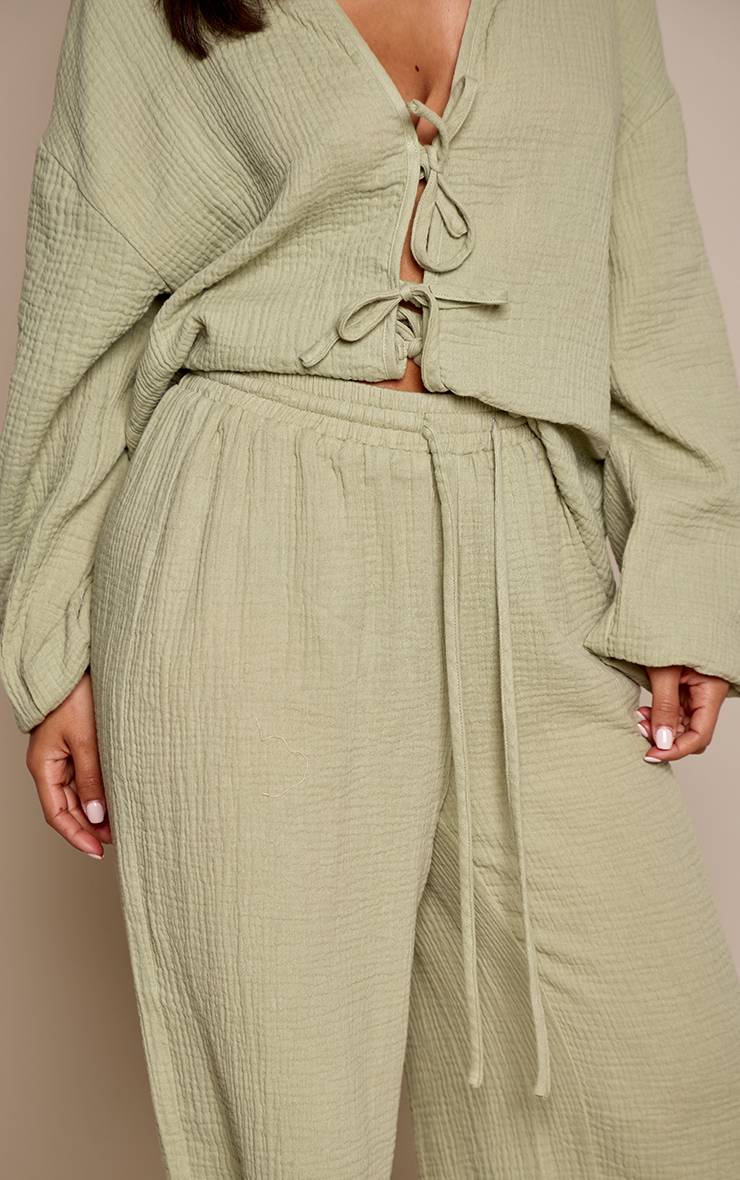 Vert Sauge Pantalon Large Coordonné Petite En Tissu Gaufré Façon Cheesecloth