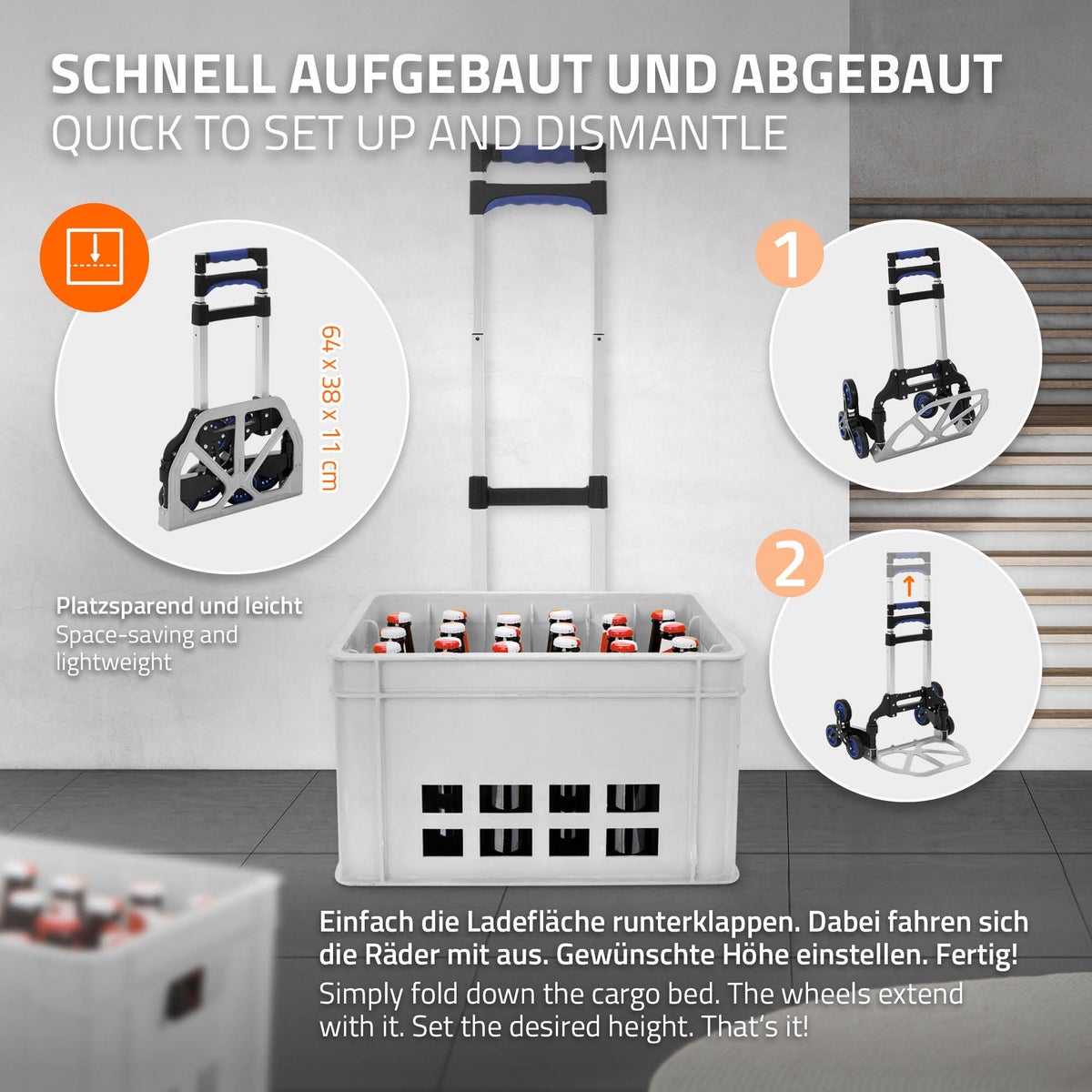 ECD Germany Opvouwbare aluminium steekwagen, opvouwbare transportwagen met 6 wielen, tot 80 kg, traploopsteekwagen met telescopisch handvat, traploopsteekwagen, incl. handschoenen en spanband