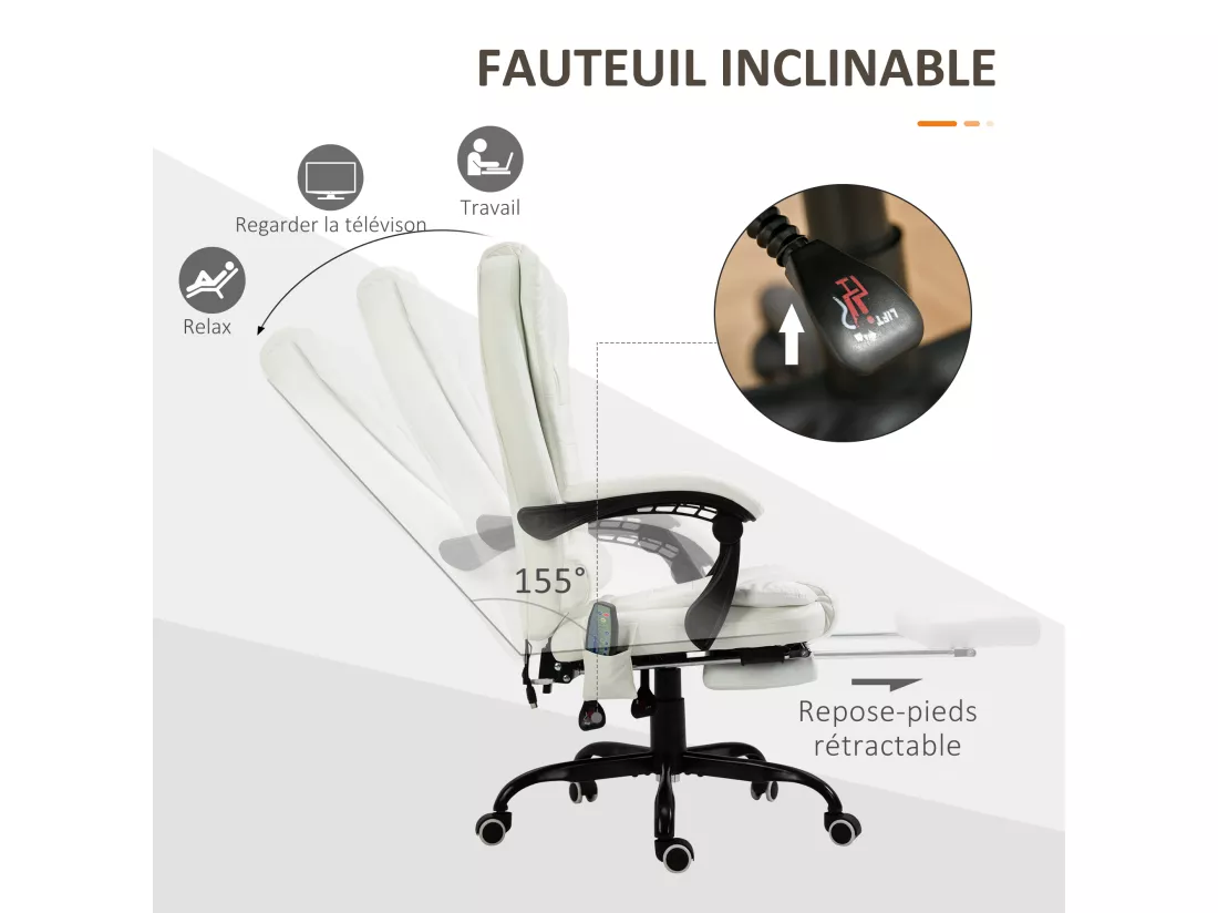 Vinsetto Fauteuil de bureau direction massant hauteur réglable dossier inclinable repose-pied + coussin lombaires intégrés revêtement synthétique blanc