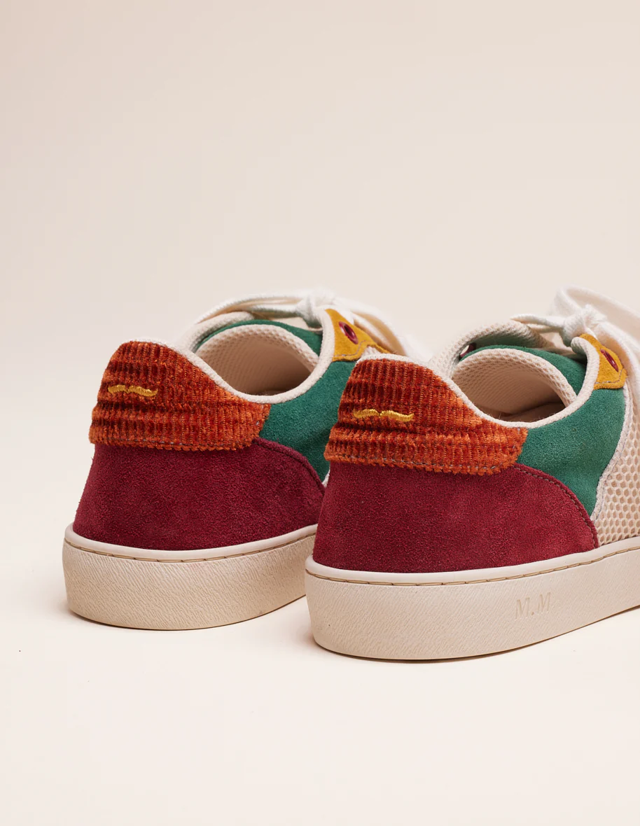 Baskets basses Marie - Suède et mesh bordeaux beige moutarde