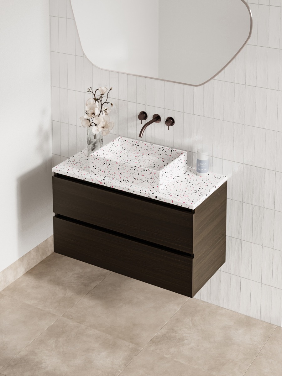 Fontana Terrazzo badmeubel 100cm kasteel bruin met rechthoekige waskom en toppaneel