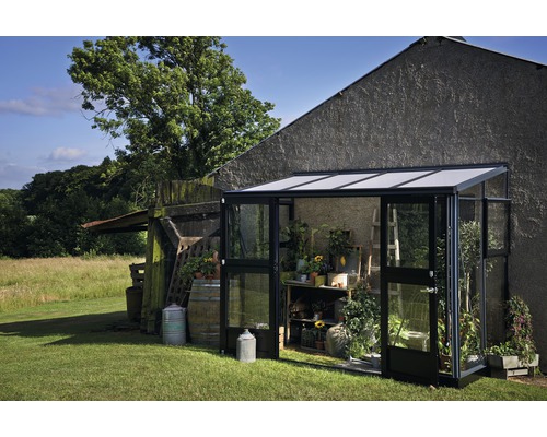 Aanbouwkas JULIANA Veranda 4,4 m² 3 mm veiligheidsglas 296 x 149 cm antraciet/zwart