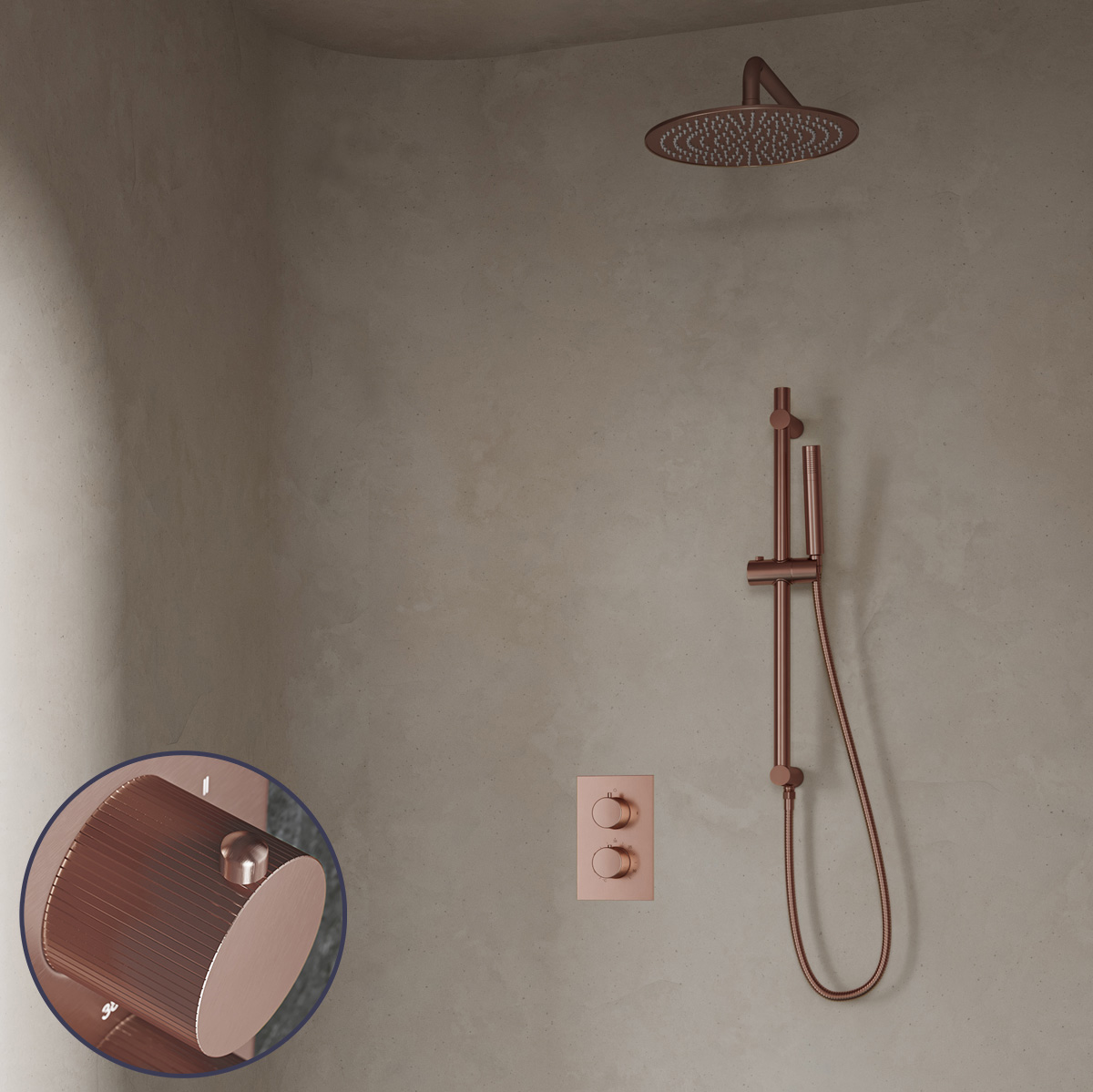 Saniclear Copper Stripes inbouw regendouche met 20cm hoofddouche, muurarm en glijstang geborsteld koper